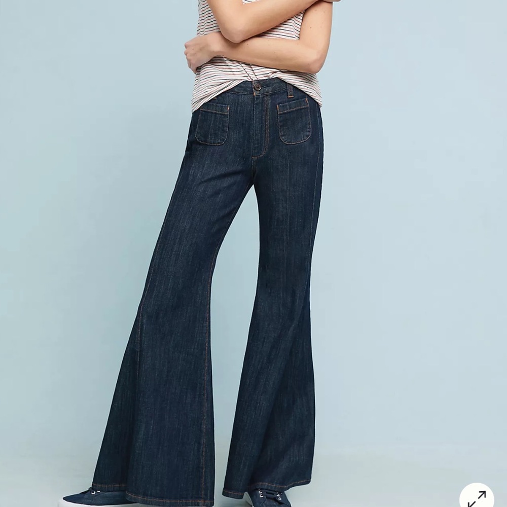 Anthro Pilcro And The Letterpress Jean Sz 27 Flare Dark Wash Denim Patch Pocket